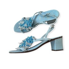 Vintage 60s Amalfi by Rangoni Beaded Mod Heel Sandals 5.5M Blue, Made in Italy