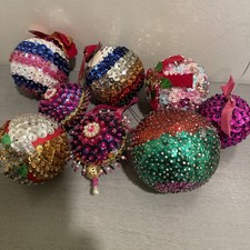 8 In Lot Vintage Jeweled Beaded Sequin Satin Christmas Ornaments Handmade Lot