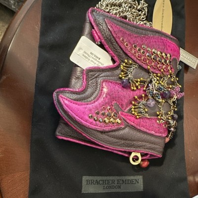 Bracher Emden Pink/Brown Heart Chain Shoulder Bag Beaded Studded Small +Dust