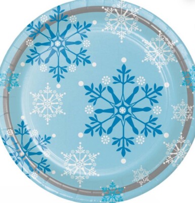 Snowflake Swirls Round Paper Plates 8 Count for 8 Guests