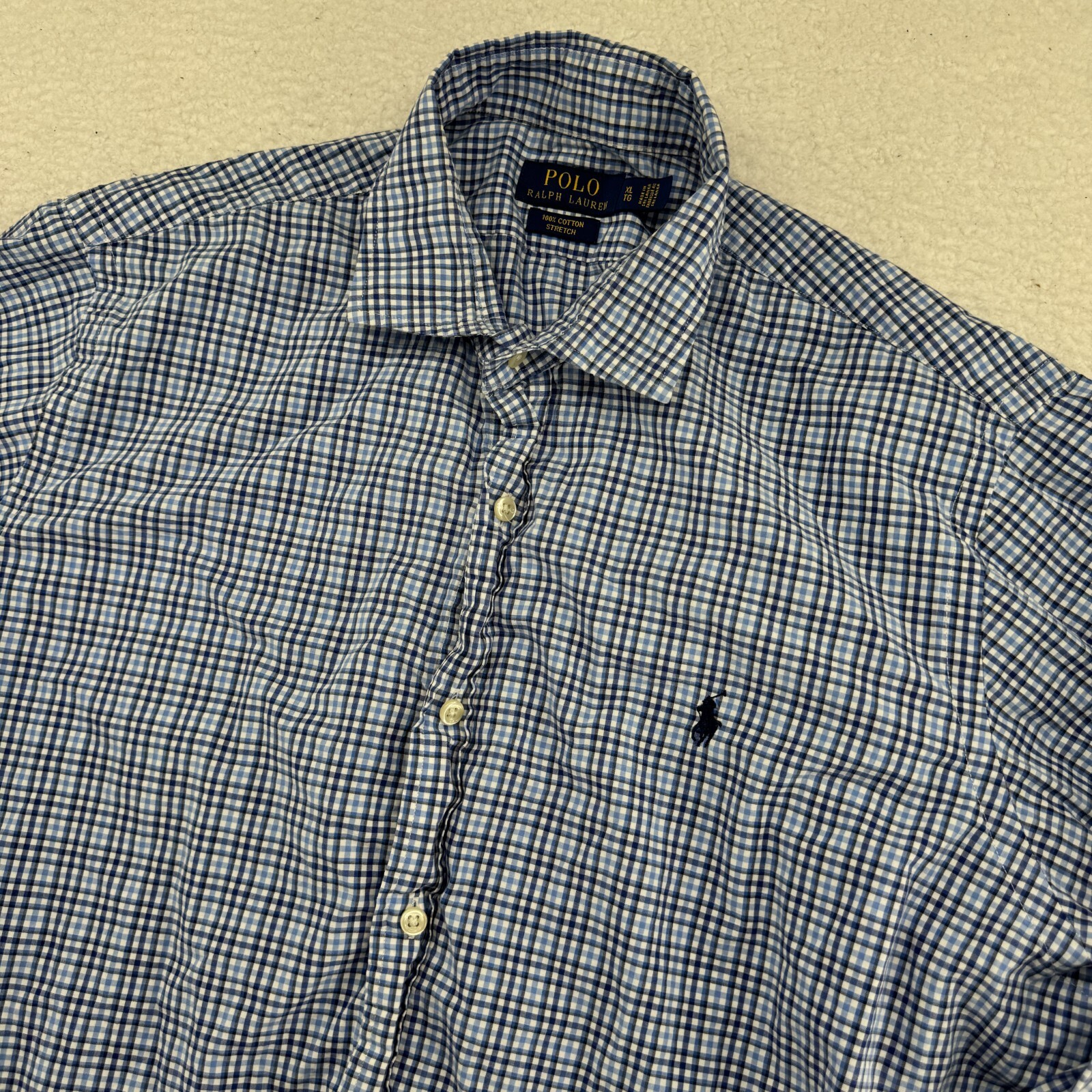 Polo Ralph Lauren camicia uomo XL blu a quadri elasticizzata manica lunga bottoni pony