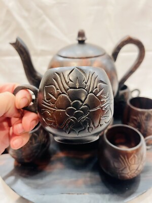VTG Monkey Pod Wood Tea Set Hand Carved In The Philippines Lazy