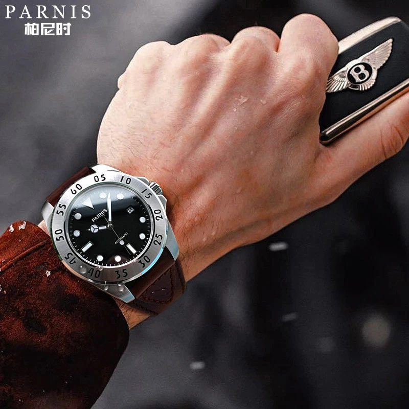 Автоматические мужские механические часы Parnis Sapphire Miyota черный циферблат кожаный ремешок - Изображение 3 из 4