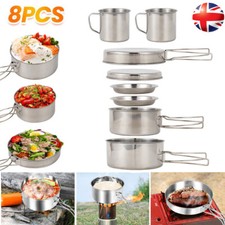 Camping Cookware Mess Kit 8PCS Stainless Steel Cooking Pot Fry Pan Bowl BBQ Set