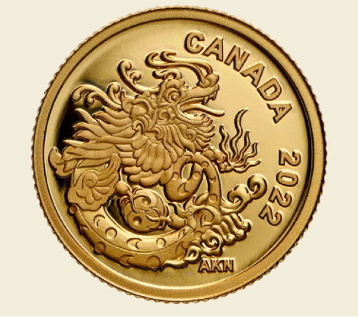 2022 CANADA EARTH DRAGON 8$ 1/20oz. 99.99% PURE GOLD COIN