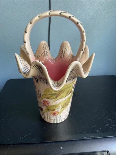 Hull Pink Blossom Flite Handled Ruffled Basket 1955  102-492D (note custom)
