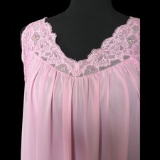 Shadowline 70s Vtg Pink Nylon Lace Trim Embroidered Flowers Nightgown Sz M