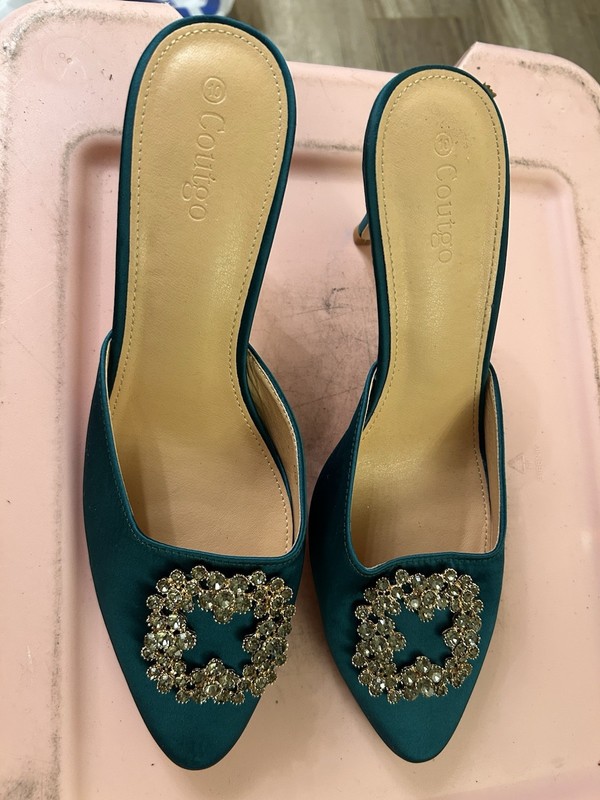 teal satin Coutgo mules Sz 41
