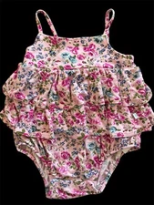 Posh Peanut EUC Pink Floral Ruffled Spaghetti Strap Bamboo Romper Bubble-6-12Mos