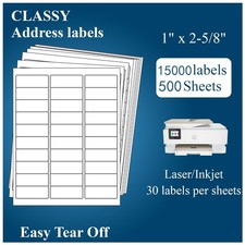 500 Sheets, 15000 Labels Sticker Paper, 1" x 2 5/8" 1"X 2-5/8" 30UP