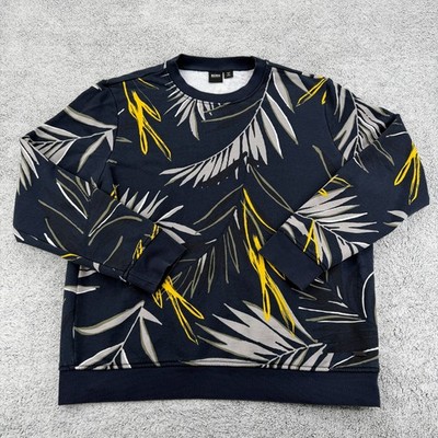 Hugo Boss Sweatshirt Mens XXL Dark Blue Crewneck Leaf All Over Print Pullover
