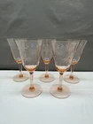 Lot of 5 Vtg Depression Panel Glass Wine Stems Pink Etched Flowers Leaves