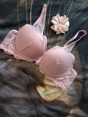 Adore Me Bra 36B Pink Push Up Lace Mesh Overlay Bra
