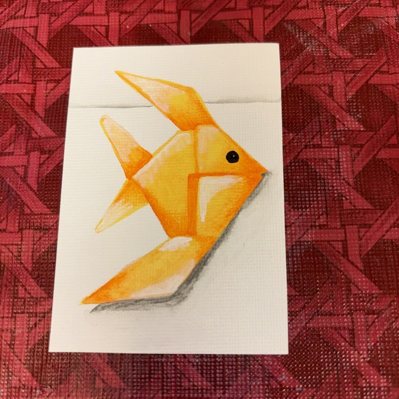 ACEO Original Painting Acrylic Goldfish Origami Hand Painted Orange 2.5X3.5