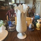 Vintage Fenton white hobnail swung milk glass vase, 14" tall. No chips or cracks