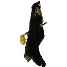 Haunted Hill Farm Witch on Broom Animatronic, Halloween Prop with 4 Voice Gre...