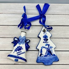 Vtg Delft Blue Hand Painted Porcelain Ornaments Bell Christmas Tree Windmill