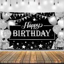 KatchOn, Black and Silver Happy Birthday Banner - 72x44 Inch | Backdrop Banne...