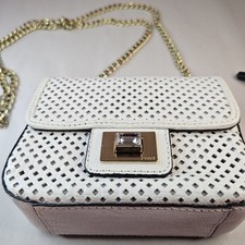 Juicy Couture White Perforated Chain Crossbody Bag Rhinestone Turn Lock Gold