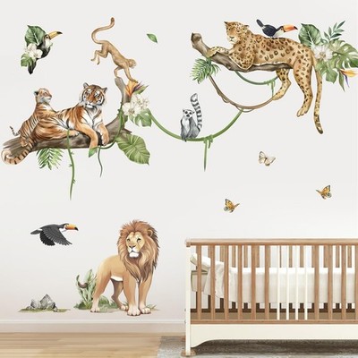 Jungle Animal Branch Wall Decals Hunting Theme: Lion, Leopard, Tiger (XL)