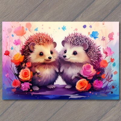 Art Print Cute Hedgehogs Amidst Meadow Delicate Flowers Valentine s Day    