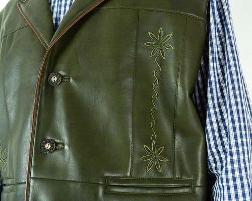 Genius Mens L Faux Leather Waistcoat Gilet Vest Trachten Jager Janker Green VTG - Picture 4 of 8