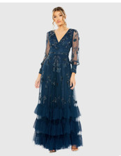 MAC DUGGAL 9256 MESH LONG SLEEVE V-NECK TIERED EMBELLISHED A-LINE  GOWN sz  6