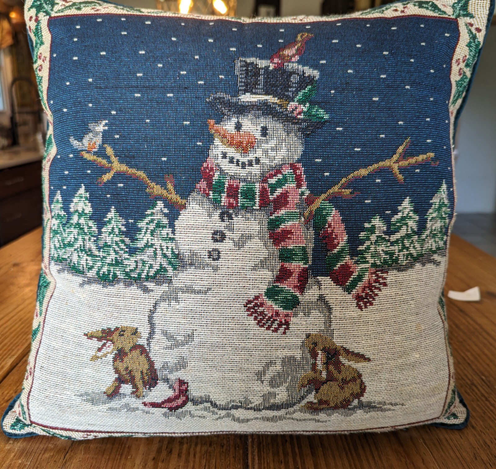 Vintage Christmas Tapestry Throw Pillow Snowman 17” Square Home Decor