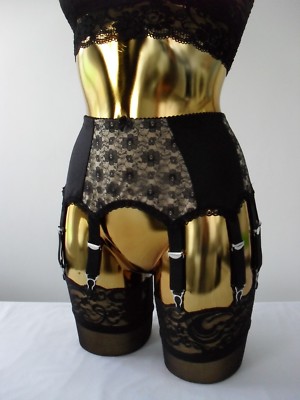 Large 14 Strap Sand Gold Lycra Blk Lace Designer Retro Burlesque Suspender Belt