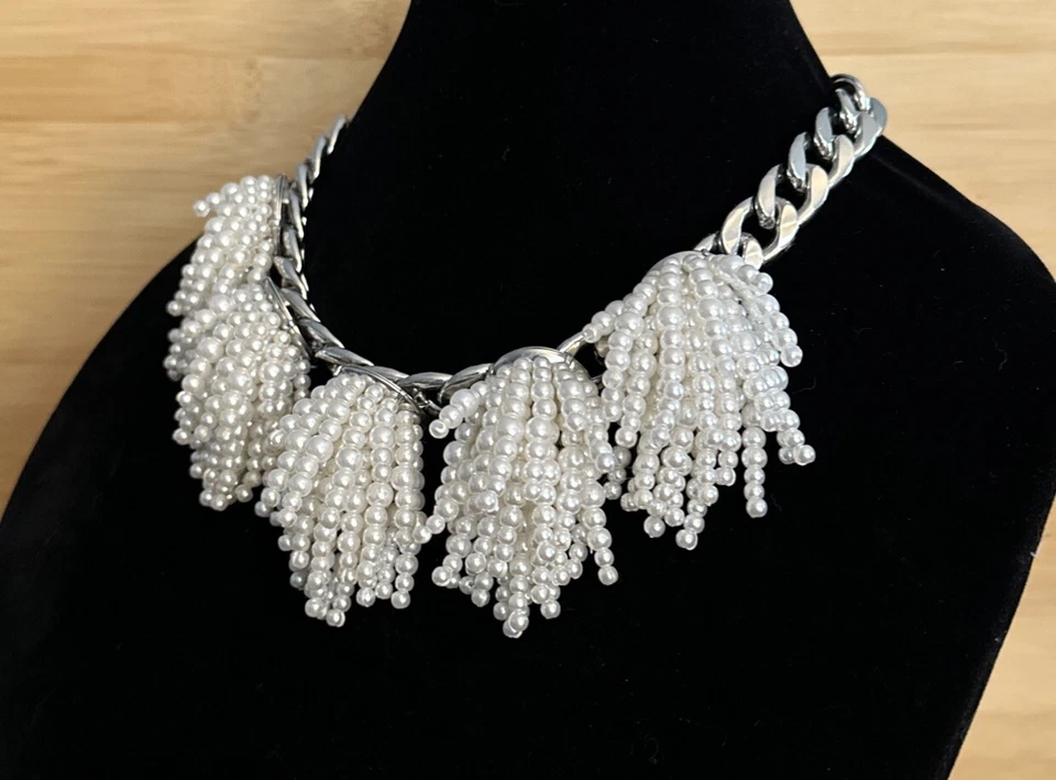 Banana Republic Statement Faux Pearl Beaded Fringe Necklace Silver Chain 18-20” - Image 3 of 4