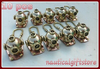 Lot of 10 Pcs Solid Brass Nautical Mini Maritime Diving Helmet key-chain Ring