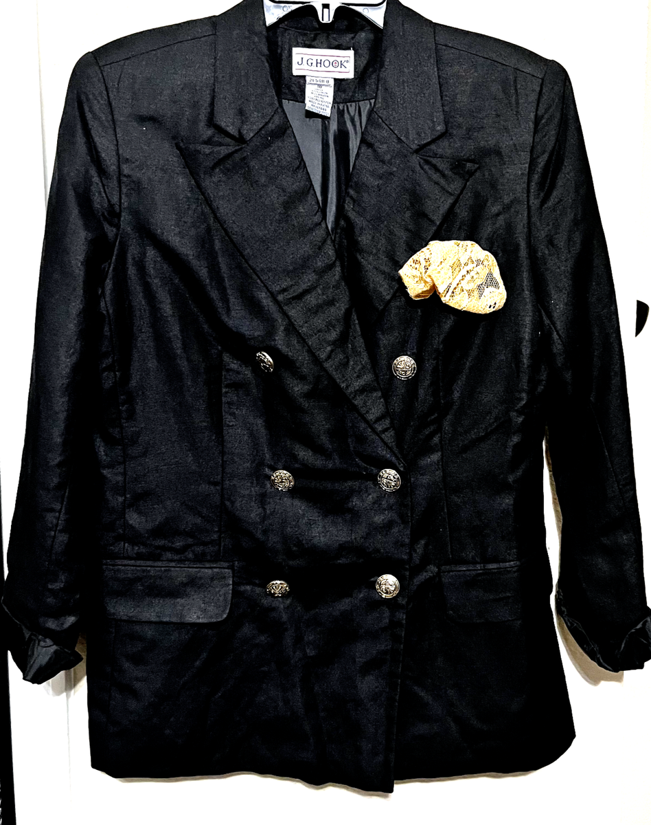 J G Hook Jacket Blazer Black Double Breasted Linen Blend Gold