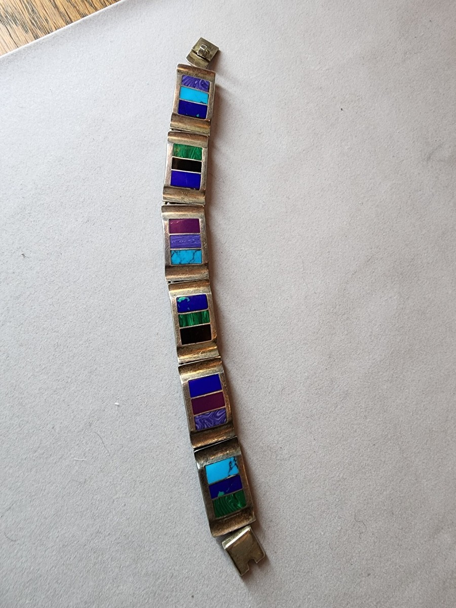 Vintage Taxco Mexico Multi Gem Sterling Silver Bracelet gemstones