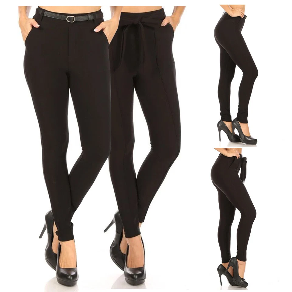 Womens Treggings Straight Leg Skinny Pants Pull On Belted Side Pocket Bottoms