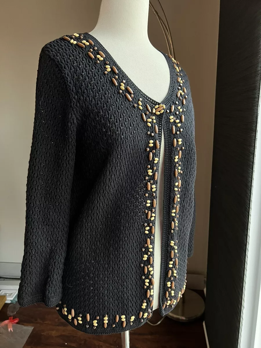 New Dress Barn Women's Black Crochet Knit Cardigan 3/4 Sleeve Beaded Size  Large