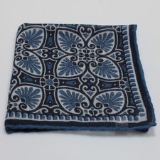 NWOT 100 Wool Pocket Square In Blues  White Geometric Floral Print