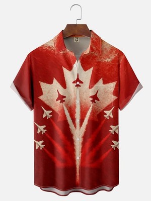 Canadian Flag Airplane Maple Leaf Art Chest Pocket Casual Shirt