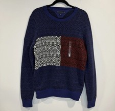 Tommy Hilfiger Sweater Blue 100 Cotton Knit Fair Isle Flag Logo Mens Size M NWT