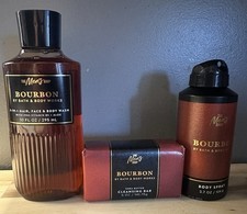 Bath Body Works Bourbon Men's Body Wash, Body Spray, Cleansing Bar. Gift Bag