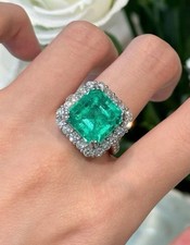 6.30 Ct Cushion Cut Natural Green Emerald Wedding Diamond Ring 14K White Gold
