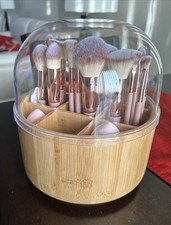 Bamboo Makeup Brushes And Sponges Set With Rotating Base Organizer New In Box