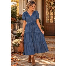 Womens M Chambray Denim Midi Dress Cottagecore Coastal Boho Prairie Puff Sleeve