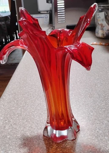 vintage Murano glass vase, likely featuring a red sommerso style with clear...