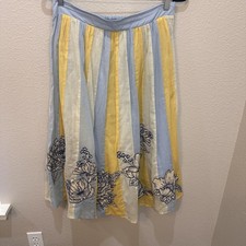 Maeve Anthropologie Blue Yellow Striped Floral Midi Cotton Skirt M Boho Garden