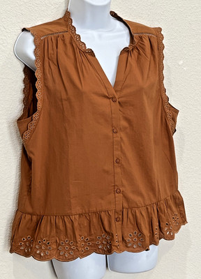 NWT Daniel Rainn Rochelle Blouse Lrg Burnt Orange Eyelet Embroidered Peplum Top