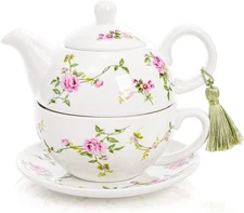 Tea for One Set Porcelain Teapot Cup and Saucer Set with Tassel Vintage Floral