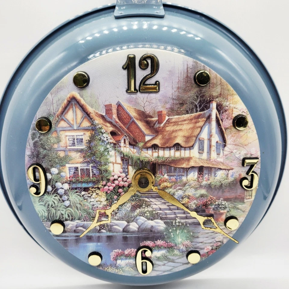 Blue Painted Cottage Scenery 8" Fry Pan Battery Operated Wall Clock Made in USA - Image 2 of 4