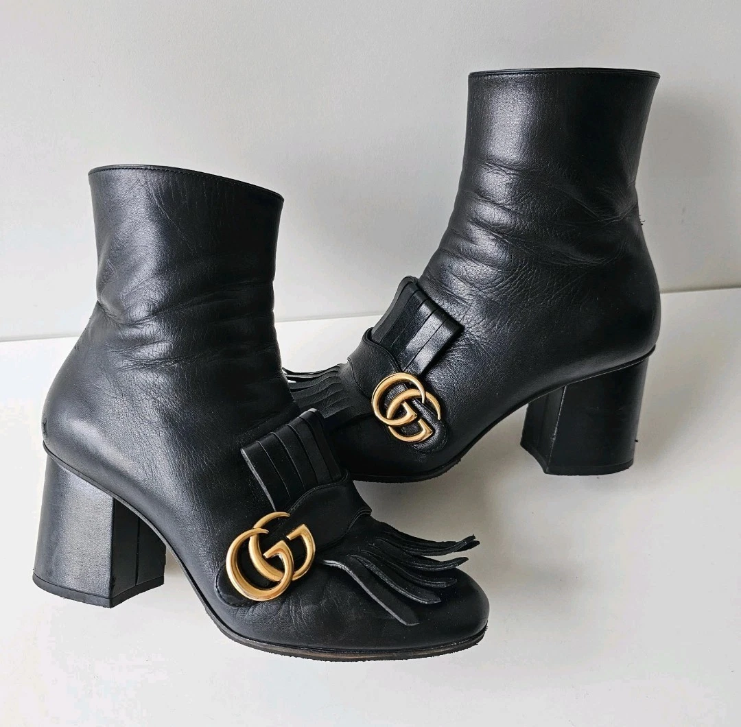 Gucci — Gucci Marmont Gold GG Logo Black Leather Fringe Ankle Boots 38