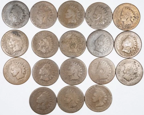 1875 Indian Head Penny Cent Lot of 18 Coins in About Good (AG)