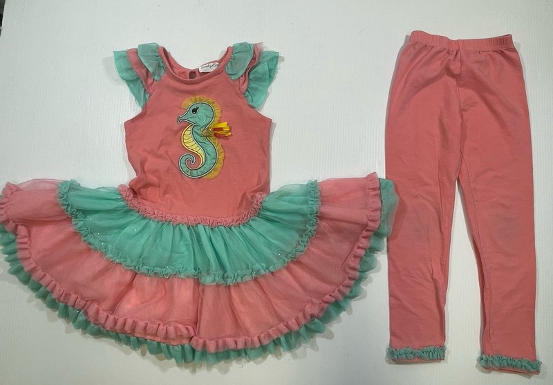 Emily Rose Girl Youth Teal Peach Stretch Sea Horse Tulle Dress Legging 2Pc Set 7